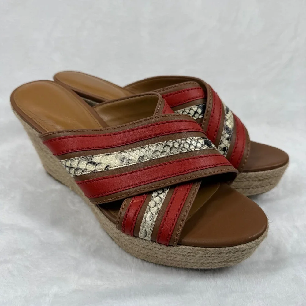 Coach Red Snakeskin Striped Espadrille Wedge Platform Sandals Slides 8.5‎ READ